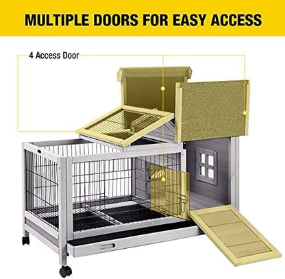 Aivituvin Wooden Rabbit Hutch with Removable Wire Floor Grid, Bunny Cage with Deeper Leakproof Tray 4 Wheels Include