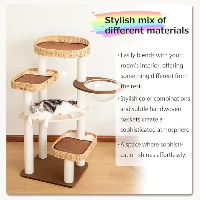 48'' Cat Tree for Large Cats, Modern Cat Tree Multi-Level Condo with Natural Wood, Cat Activity Centre for Medium and Big Pets