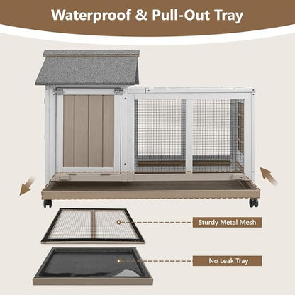 76''L Rabbit Hutch Outdoor Indoor with Wheels, Wooden 2 Story Bunny House Rabbit Cage with Run, Waterproof Roof, Pull Out Tray, Guinea Pig Cage Chicken Coop for Small to Medium Pets