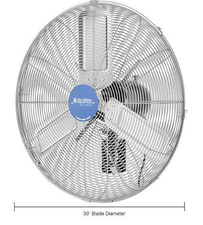 Global Industrial Deluxe Wall Mount Fan, 30" Diameter, Fixed and Oscillating Head, 3 Speed, 10,000 CFM at 1100 RPM, 1/2 HP, Tilting Head, For Indoor Use Only