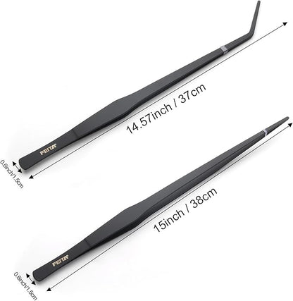 Aquarium Tweezers Extra Long 15 inches Feed Tong Clamps - FEITA Straight and Curved Stainless Steel 38cm Tweezers Set for Fish Tank Plants Aquascape Tools & Reptile Feeding Tongs - Black 2Pcs