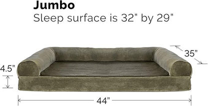 Furhaven Orthopedic Dog Bed for Large Dogs w/ Removable Bolsters & Washable Cover, For Dogs Up to 95 lbs - Faux Fur & Velvet Sofa - Dark Sage, Jumbo/XL