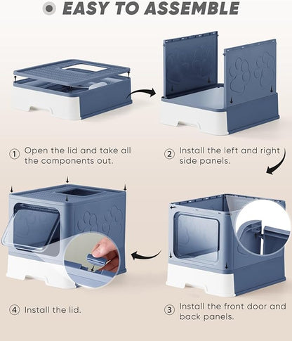 Enclosed Cat Litter Box, Large Litter Box for Big Cats, Covered Kitty Litter Boxes with Lid, Top Entry Cat Box Enclosure with Scoop, Odor Control, Easy to Clean(Blue)