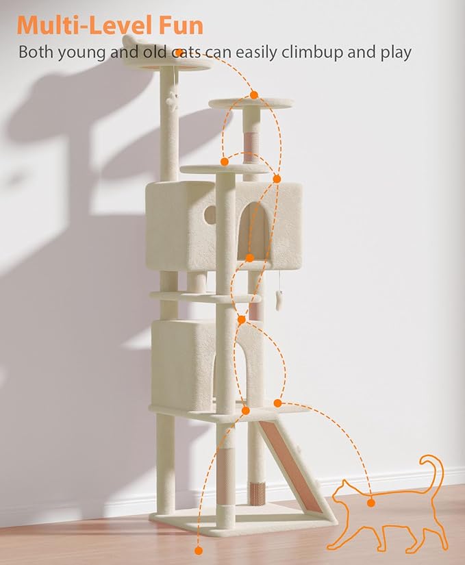 77'' Cat Tree Tower for Indoor Cats Large Adult, Cute/Tall Modern Cat Tree for Big Cats 20 lbs, Plush Multi-Level Cat Condo with Scratching Posts, Dangling Ball for Fun Play (Beige, 77 inch)