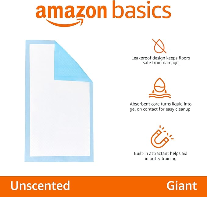 Amazon Basics Absorbent Dog and Puppy Pee Pads with 5-Layer Leak-Proof Design and Quick-Dry Surface for Potty Training, Heavy Duty Absorbency, Giant, 27.5 x 44 Inch - Pack of 30, Blue & White