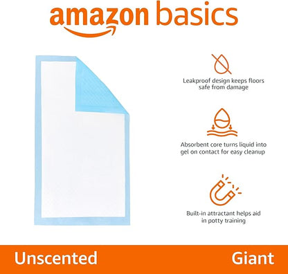 Amazon Basics Absorbent Dog and Puppy Pee Pads with 5-Layer Leak-Proof Design and Quick-Dry Surface for Potty Training, Heavy Duty Absorbency, Giant, 27.5 x 44 Inch - Pack of 30, Blue & White