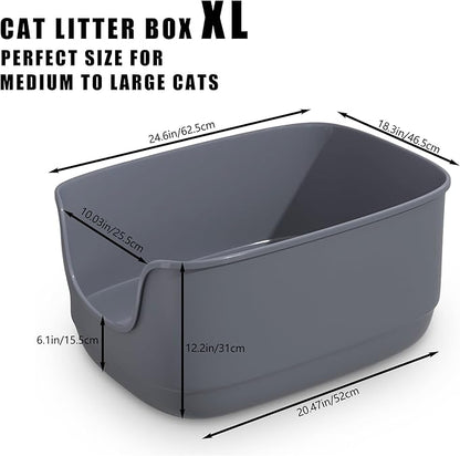 Gefryco Large Cat Litter Box with High Sided 24.6"x18.3"x12.2" - Jumbo Extra Large Open Anti - Splashing High Wall for Multiple Cats (Grey)