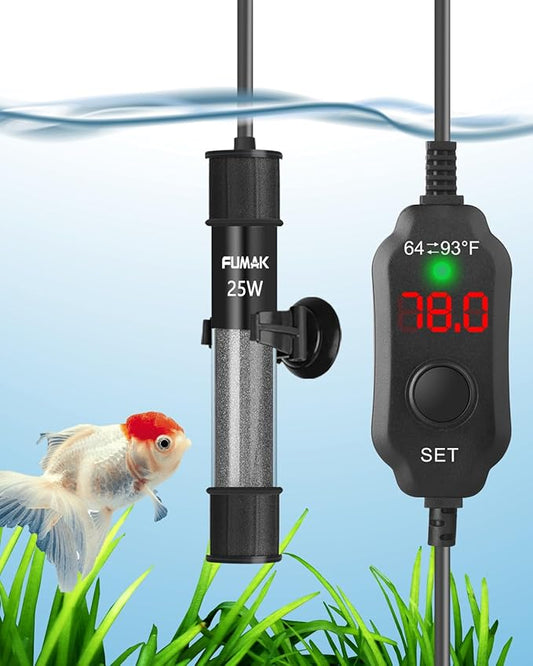 25W Adjustable Aquarium Heater Super Short Submersible Fish Tank Heater Fish Heater with LED Digital Display Thermostat, for Tanks 3-5 Gallons