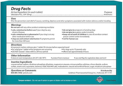 Anti-Motion Sickness and Nausea Relief for Small Breed Dogs, Relief for Disorientation and Dizziness, 10 Tablets