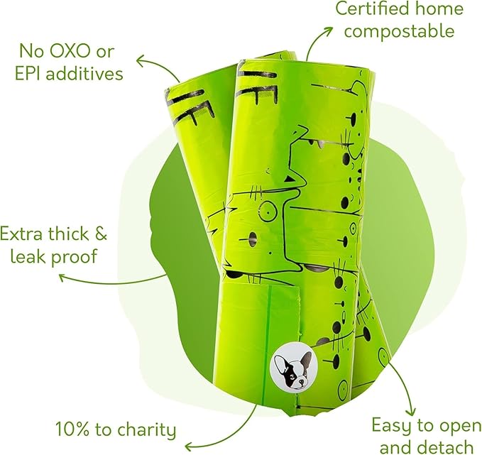 100% Certified Home Compostable Dog Poop Bags with Handles - 10% to Charity - ASTM D6400 & EN 13432 Compliant Large Poop Bags - 240 Bags - Large Pantry Roll of Plant Based Compostable Poop Bags