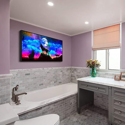 Framed Canvas Wolf Landscape Painting Canvas Wall Art For Living Room Bathroom Wall Decor For Bedroom Kitchen Artwork Canvas Art Prints Modern Office Home Decorations Blue Starry Sky Hang Pictures