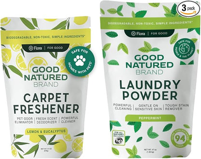 Good Natured Brand | Laundry Bundle | Carpet Freshener Lemon & Eucalyptus 31oz | Pet-Friendly Carpet Deodorizer | Laundry Powder Peppermint 47oz | Hypoallergenic Laundry Powder 94 Loads