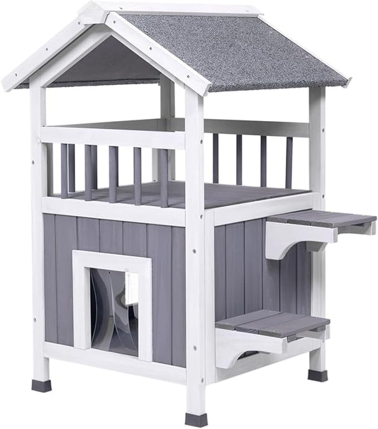 GEGURI Outdoor Cat House Weatherproof, Wooden Two-Story Feral Cat Shelter with, Escape Door, Balcony