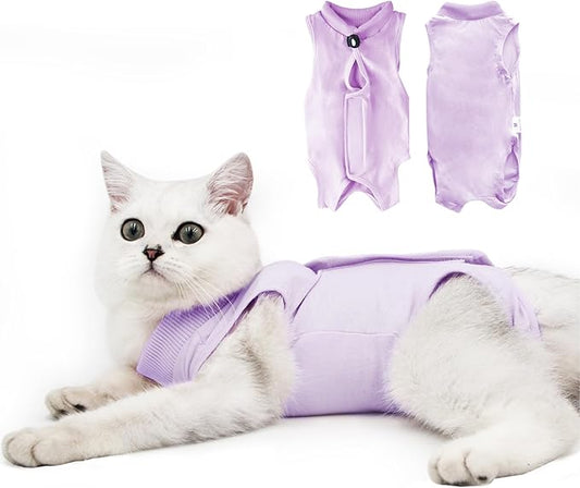 DOTON Cat Recovery Suit for Male and Female Surgical Post Surgery Soft Cone Onesie Shirt Clothes Neuter Licking Protective Diapers Outfit Cover Kitten Spay Collar(S, Purple)