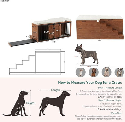 56" L Dog Crate Furniture with Padded Seat, End of Bed Bench Ottoman with Cushion, Wooden Dog Kennel with Pet Stairs & Sliding Barn Door for Bedroom, Living Room, Walnut