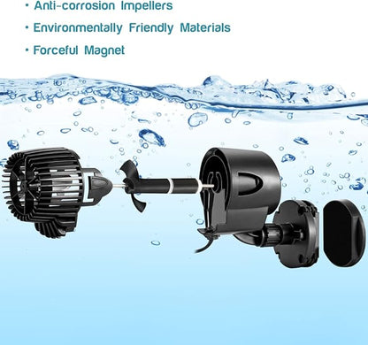 AQQA Wave Maker Pump, 2100GPH Aquarium Circulation Pump 360 Degree Rotatable Submersible Powerhead Pump with Magnet Suction Base for Marine and Freshwater Aquariums (15W)