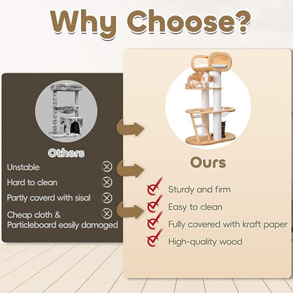 63'' Tall Modern Cat Tree for Indoor Cats, Luxury Cat Tree, Multi-Level Wood Climb Tower for Large Cat, Heavy Duty Kitty House with Transparent Bowl, Large Perches with Removable Cushion