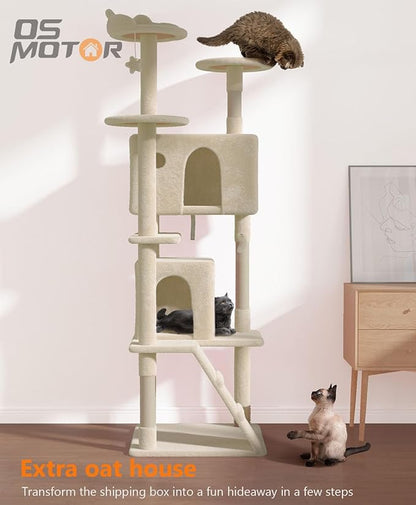 77'' Cat Tree Tower for Indoor Cats Large Adult, Cute/Tall Modern Cat Tree for Big Cats 20 lbs, Plush Multi-Level Cat Condo with Scratching Posts, Dangling Ball for Fun Play (Beige, 77 inch)