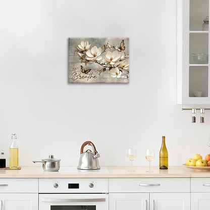 Floral Magnolia Bathroom Pictures Wall Art, Just Breathe Bathroom Wall Decor, Flower Butterfly Framed Painting Canvas Artwork for Bedroom Living Room Decorations 16"L x 12"W