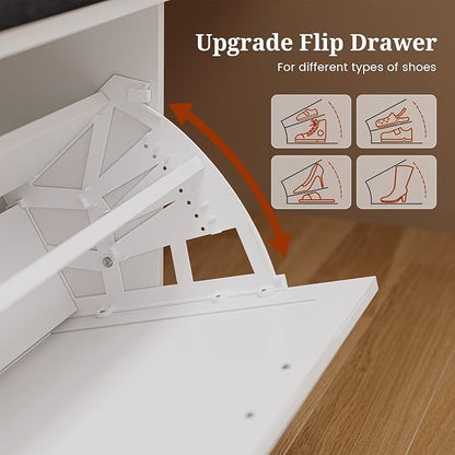 Farmhouse Storage Bench with Flip Drawers & Padded Seat Cushion, Half Hidden Shoe Rack Organizer, Adjustable Shelf Shoe Cabinet for Large Family, Entryway, Bedroom, Living Room (White)