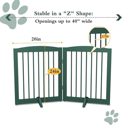 Freestanding Pet Gate for Dogs, Foldable Wooden Dog Gate for House, Stairs, Doorways, Step Over Pet Puppy Safety Fence,Support Feet Included,24" Height 2 Panels, Green