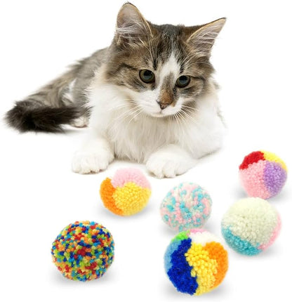 Andiker 6 Pcs Assorted Color Cat Ball Toys, Woolen Yarn Puffs Cat Pom Pom Balls Interactive Kitten Chasing Toys