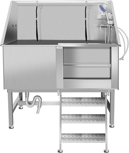 50" Pet Dog Bathing Station W/Ramp, Professional Stainless Steel Dog Grooming Tub W/Soap Box, Faucet,Rich Accessory, Dog Bathtub for Large,Medium,Small Pets, Washing Sink for Home (50" Right ramp)