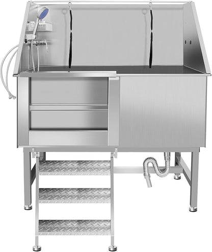 50" Pet Dog Bathing Station W/Ramp, Professional Stainless Steel Dog Grooming Tub W/Soap Box, Faucet,Rich Accessory, Dog Bathtub for Large,Medium,Small Pets, Washing Sink for Home (50" Left ramp)