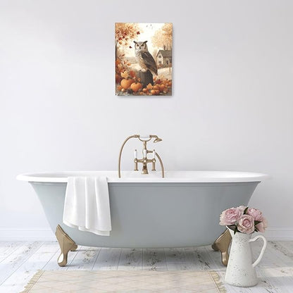 Fall Owl Wall Art Autumn Pumpkin Leaves Wall Decor Rustic Canvas Print Farmhouse Pictures Painting Print Framed Artwork Decorations Gifts for Living Room Bathroom Bedroom Office 16"x20"