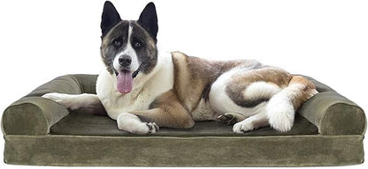Furhaven Cooling Gel Dog Bed for Large Dogs w/ Removable Bolsters & Washable Cover, For Dogs Up to 95 lbs - Faux Fur & Velvet Sofa - Dark Sage, Jumbo/XL