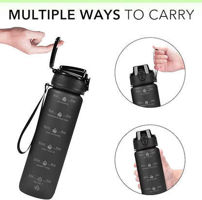 32oz Motivational Water Bottles with Time Marker & Fruit Strainer, Transparent Gradient Color Water Bottle with Times to Drink, Leakproof & BPA Free, Reusable Bottle with Strap (No Straw)