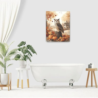 Fall Owl Wall Art Autumn Pumpkin Leaves Wall Decor Rustic Canvas Print Farmhouse Pictures Painting Print Framed Artwork Decorations Gifts for Living Room Bathroom Bedroom Office 16"x20"