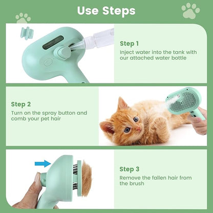 3 in 1 Cat Steam Brush, Pet Spray Hair Removal Comb for Shedding & Grooming, Water Brush for Cats Dogs Small Animals Long Short Haired with One-Click Release Button(Green)