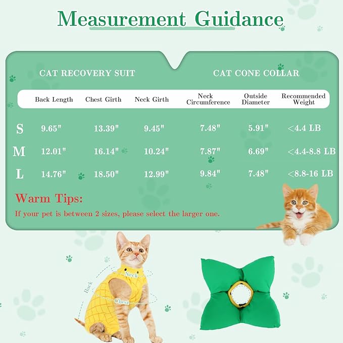 EMUST Cat Recovery Suit and Cat Cone Collar Set, Soft kittens Onesie for Cats After Surgery Female, Cute Kitten Surgery Recovery Suit Female, Cone of Shame Alternative for Kittens Under 4lb, Yellow, S
