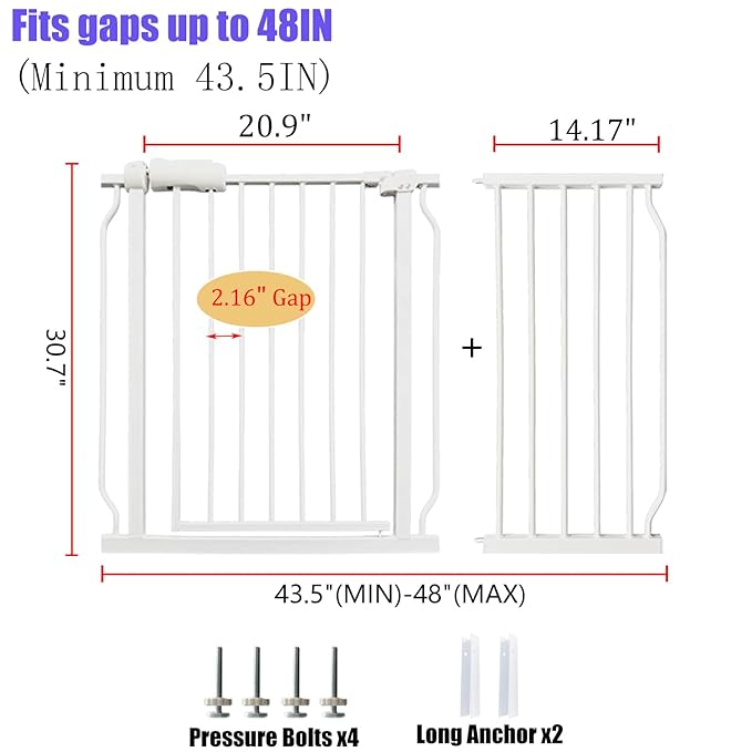 Extra Wide Baby Gate 43.5-48 Inch, Pressure Mounted No Drilling, Heavy Duty Metal for Stairs & Doorways, Indoor Safety Gate for Kids and Dogs, White