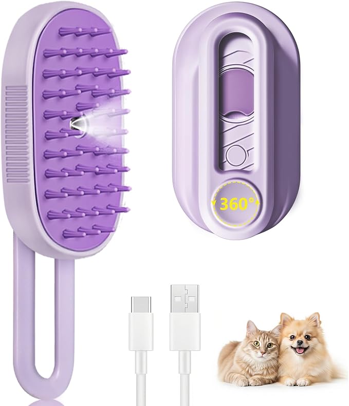 3-in-1 Cat Steam Brush, Rechargeable Cat Brush with Steam, Spritz Defur Comb for Dogs, Spritz Defur Comb for Cats (Purple)