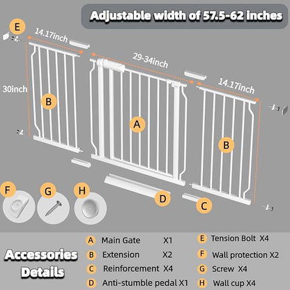 57.5"-62" Extra Wide Auto Closing Baby Safety Gate for Stairs & Doorways, Pressure Mounted No Drill Pet Gate with Walk-Through Door - Heavy Duty Childproof Gate for Toddlers, Kids, Dogs (White)