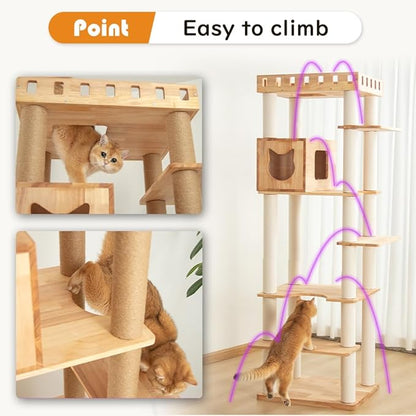 74" Wooden Cat Tree Tower for Large Cats, Multi-Level Cat Climbing Furniture with Scratching Posts, Cat Condo & Hammock, Natural Wood Cat Activity Center (White)