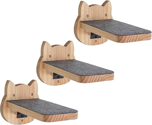 ESPETS Natural Solid Wood Cat Wall Floating Steps Set of 3 - Wall Mounted Wooden Cat Climbing Shelves and Perches, Kittty Stairs Ladder - Easy Install, Holds up 30lbs