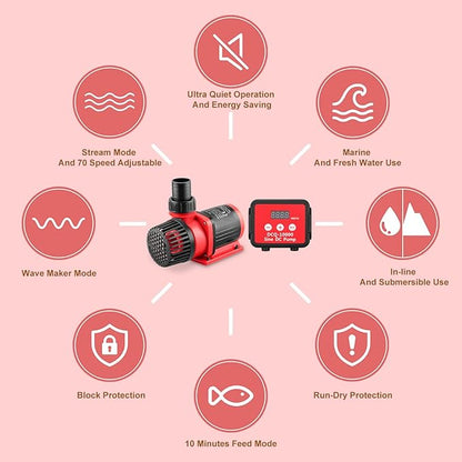 2640GPH 80W Aquarium DC Retrun Pump With LCD display Controller,DC24V 18FT Lift Controllable water pump for fresh and marine water fish tank,100 speeds ECO Quiet inline and submersible pump