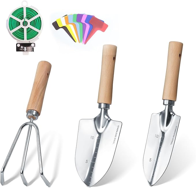 Garden Tool Set, 3 Pieces Gardening Kit with Garden Plant Twist Tie and Plastic Plant Tag, Stainless Steel Heavy Duty Garden Tools with Wooden Handle, Gardening Gifts for Women