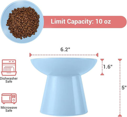 Extra Wide Elevated Ceramic Cat Food Bowl - 6.2" Shallow Dish for Whisker Fatigue Relief, 5" Height for Easy Feeding, Lead & Cadmium Free, Durable Raised Cat Food Bowls, Blue