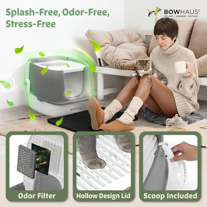 Fully Enclosed Cat Litter Box w/Lid, Scoop, Litter Mat & Odor Fitter, Large Plastic Cat Toilet with Double Door, Anti-Splashing Gato Litter Box with Lockable Front Door, Beige/Pink