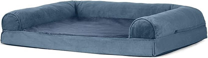 Furhaven Cooling Gel Dog Bed for Large/Medium Dogs w/ Removable Bolsters & Washable Cover, For Dogs Up to 55 lbs - Faux Fur & Velvet Sofa - Harbor Blue, Large