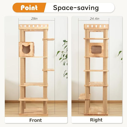 74" Wooden Cat Tree Tower for Large Cats, Multi-Level Cat Climbing Furniture with Scratching Posts, Cat Condo & Hammock, Natural Wood Cat Activity Center(Brown)