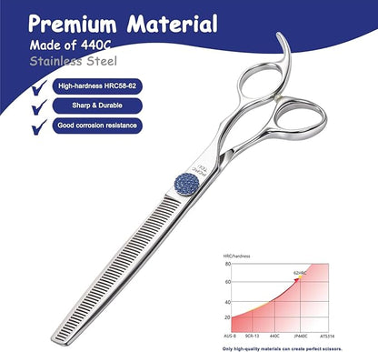 7'' Dog Grooming Scissors CNC 440C Blades Sharp and Durable Polished Thinning Dog Shears with Blue Diamond Adustable Screws Easy to Use for Groomer and Home User