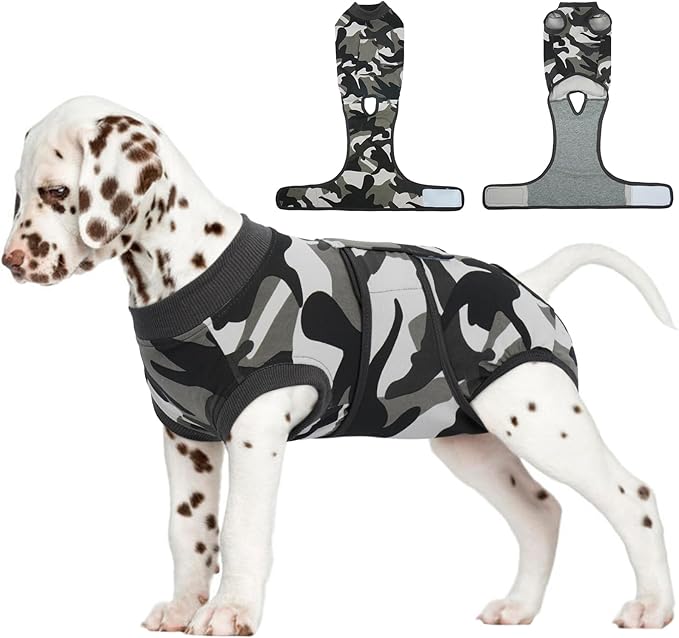 FUAMEY Dog Recovery Suit Male,Dogs Surgery Neuter Suits Puppy Spay Shirts for Female Protect Dog's Skin Anti Licking Abdominal Wounds Doggie Onesie Pet Bodysuit Alternative to Cone Grey Camouflage S