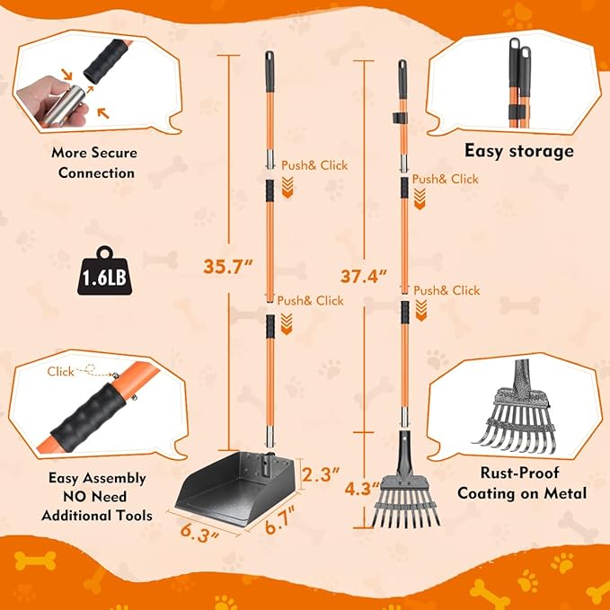 28" Pooper Scooper and 38" Heavy Duty Stainless Steel Rake & Tray Set, 3 in 1 Portable Dog Pooper Scooper Set for Large Medium Small Dogs in Grass, Dirt or Gravel