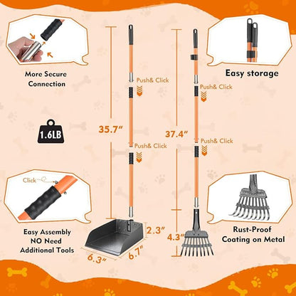 28" Pooper Scooper and 38" Heavy Duty Stainless Steel Rake & Tray Set, 3 in 1 Portable Dog Pooper Scooper Set for Large Medium Small Dogs in Grass, Dirt or Gravel