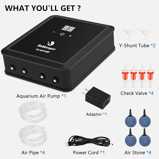 fishkeeper Aquarium Air Pump, 12W 320GPH Ultra Quiet Fish Powerful Fish Tank Air Pump with Four Outlet Adjustable Oxygen Aerator Pump with Air Stone Bubbler for 30-600 Gallon Tanks